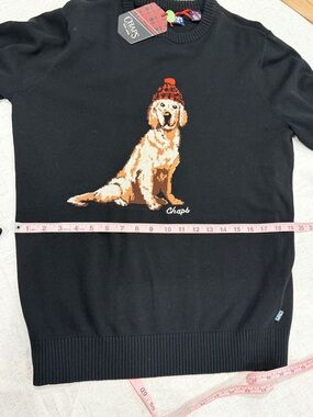 Chaps Black Knit Mens Sweater with Golden Retriever Graphic and Red Hat